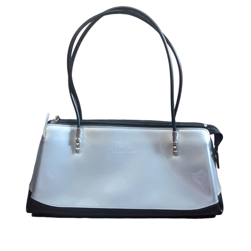 Shoulder Handle Handbag Structured Purse Shiny Metallic Silver Black Colorblock